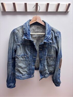GAP Blue Denim Distressed Jacket with Elbow Patches